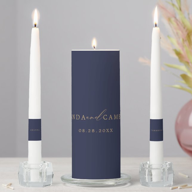Romantic Gold Calligraphy Navy Blue Wedding Unity Candle Set (In Situ)