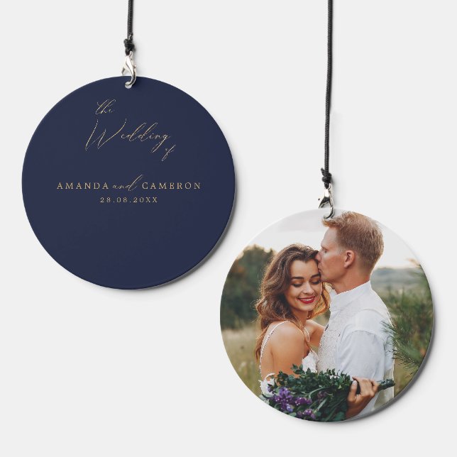 Romantic Gold Calligraphy Navy Blue Wedding Wind Chime (Front & Back)