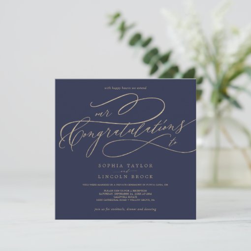 Romantic Gold Calligraphy Navy Congratulations Invitation | Zazzle