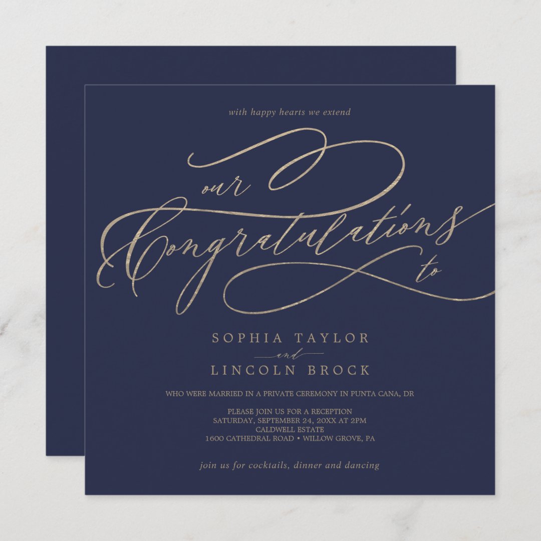 Romantic Gold Calligraphy Navy Congratulations Invitation | Zazzle