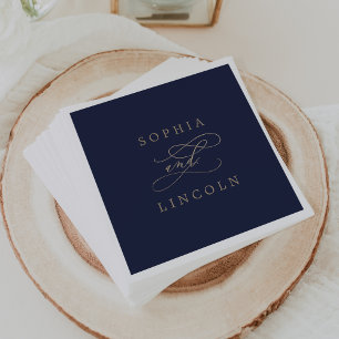 Romantic Gold Calligraphy Navy Flourish Wedding Napkins