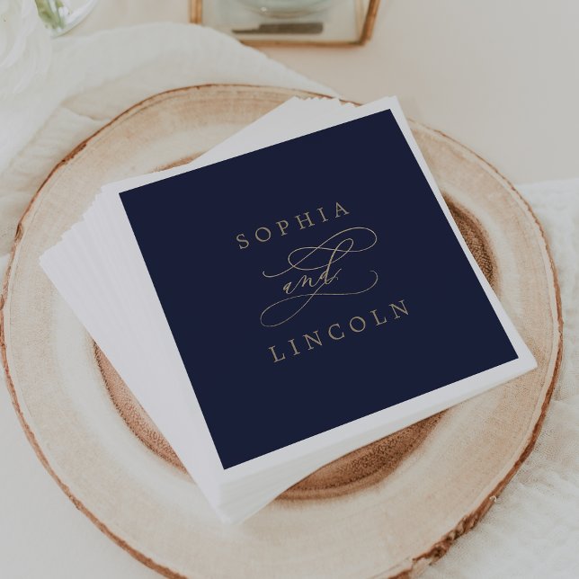 Romantic Gold Calligraphy | Navy Flourish Wedding Napkins (Creator Uploaded)