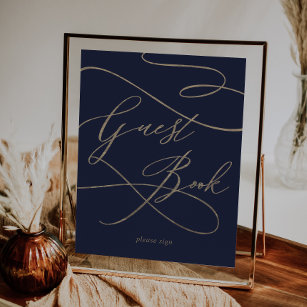 Romantic Gold Calligraphy   Navy Guest Book Sign