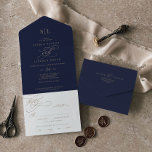 Romantic Gold Calligraphy | Navy Monogram Wedding  All In One Invitation<br><div class="desc">This romantic gold calligraphy navy monogram wedding all in one invitation is perfect for a simple wedding. The modern classic design features fancy swirls and whimsical flourishes with gorgeous elegant hand lettered faux champagne gold foil typography. Hand write your guest addresses on the back of the folded invitation, or purchase...</div>