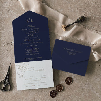 Romantic Gold Calligraphy | Navy Monogram Wedding  All In One Invitation by FreshAndYummy at Zazzle