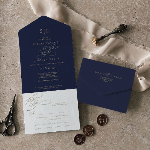 Romantic Gold Calligraphy  Navy Monogram Wedding  All In One Invitation