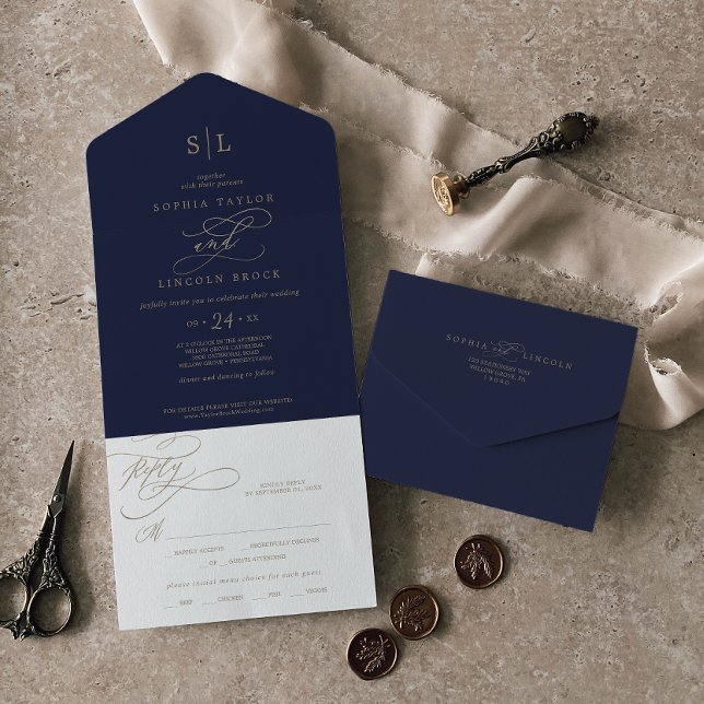 Romantic Gold Calligraphy | Navy Monogram Wedding  All In One Invitation (Creator Uploaded)