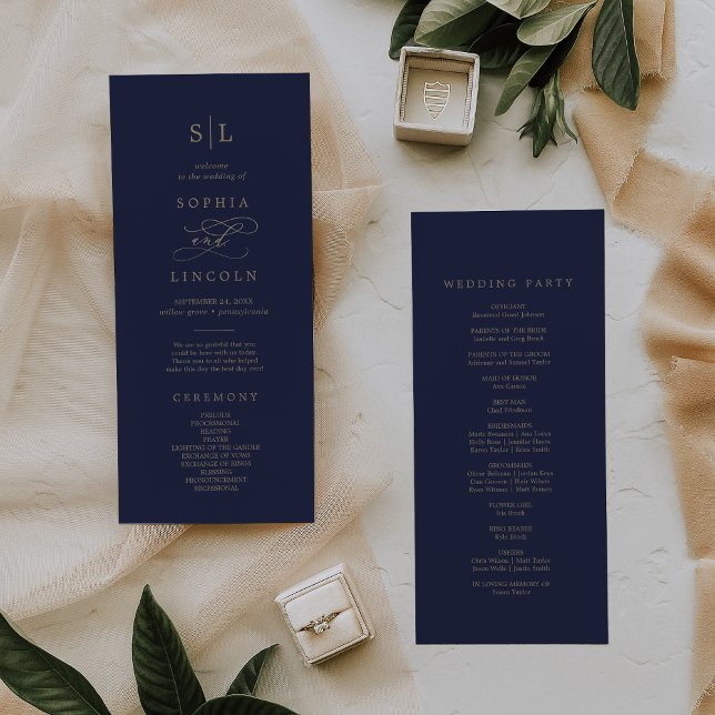 Romantic Gold Calligraphy | Navy Monogram Wedding Program (Creator Uploaded)