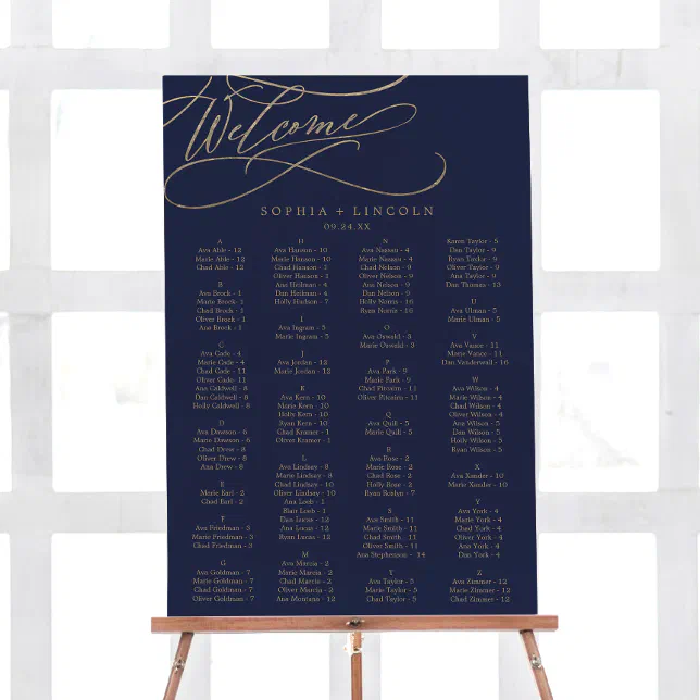 Romantic Gold Calligraphy | Navy Seating Chart Foam Board | Zazzle