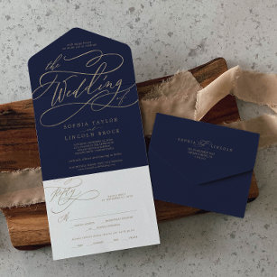 Romantic Gold Calligraphy   Navy The Wedding Of Al All In One Invitation