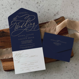 Romantic Gold Calligraphy | Navy The Wedding Of Al All In One Invitation