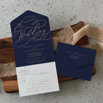 Romantic Gold Calligraphy | Navy The Wedding Of Al All In One Invitation by FreshAndYummy at Zazzle