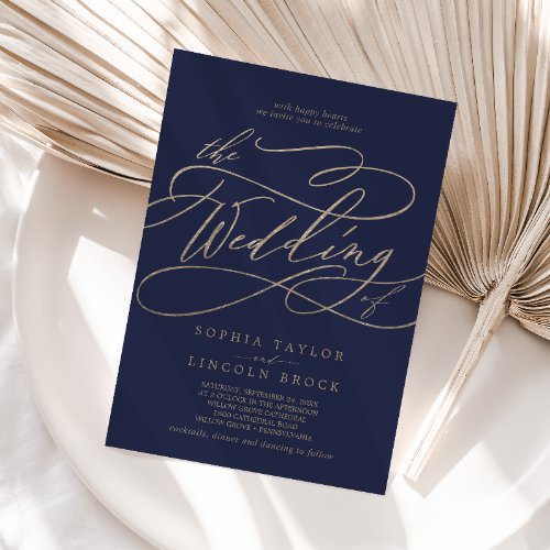 Romantic Gold Calligraphy  Navy The Wedding Of Invitation