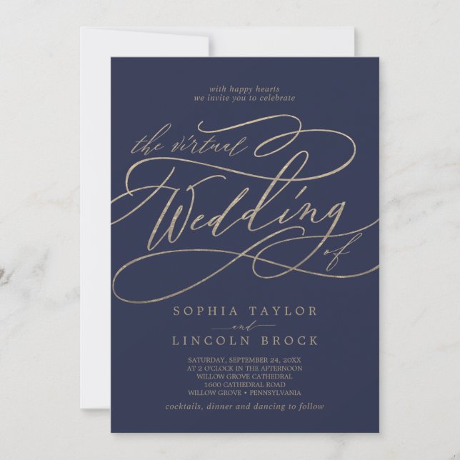 Romantic Gold Calligraphy | Navy Virtual Wedding Invitation (Front)