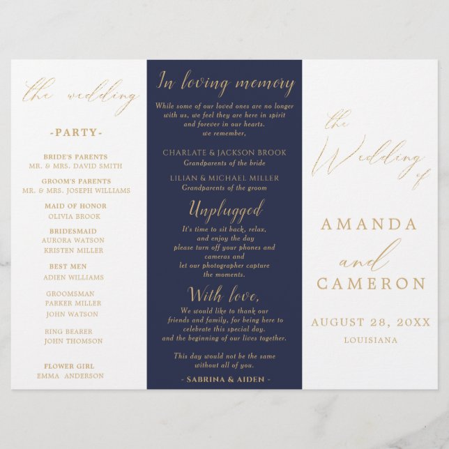 Romantic Gold Calligraphy Navy Wedding Program (Front)