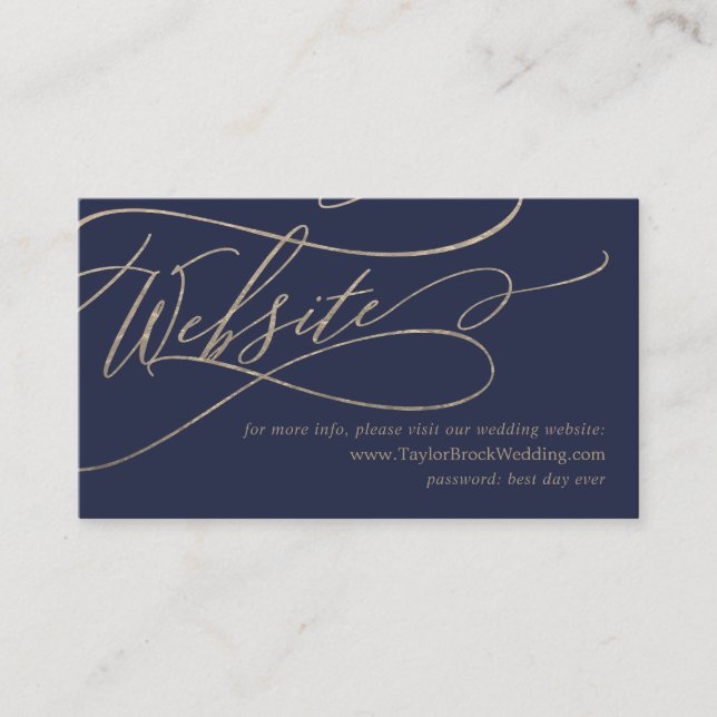 Romantic Gold Calligraphy | Navy Wedding Website Enclosure Card (Front)