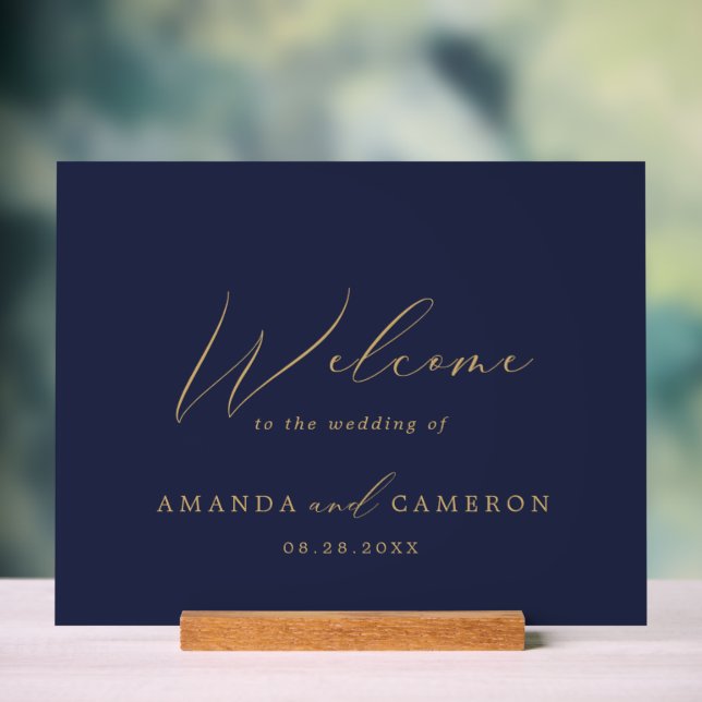 Romantic Gold Calligraphy Navy  Wedding Welcome  Acrylic Sign (Neutral)