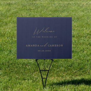 Romantic Gold Calligraphy Navy Wedding Welcome Sign