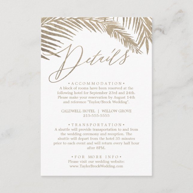 Romantic Gold Calligraphy Palm Leaves Details Enclosure Card (Front)