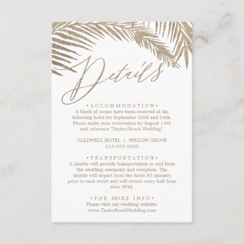 Romantic Gold Calligraphy Palm Leaves Details Enclosure Card