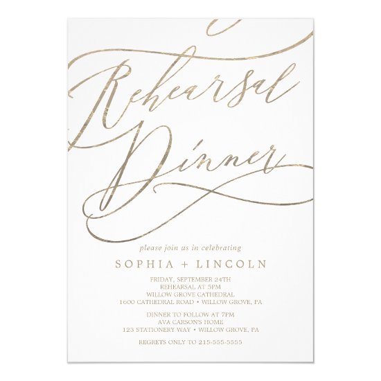Romantic Gold Calligraphy Rehearsal Dinner Invitation