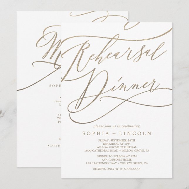 Romantic Gold Calligraphy Rehearsal Dinner w/ Menu Invitation (Front/Back)