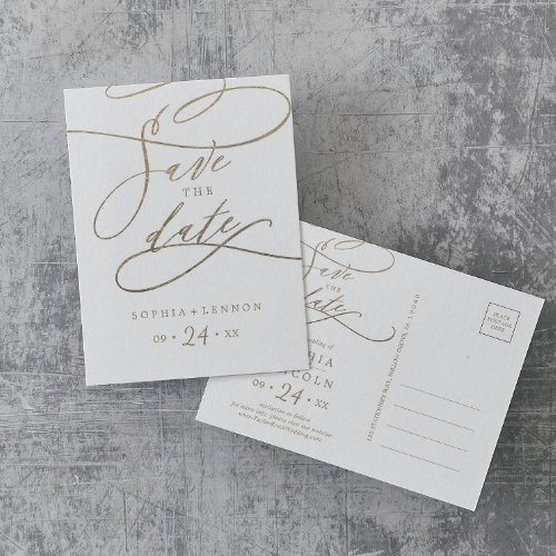 Romantic Gold Calligraphy Save the Date Postcard
