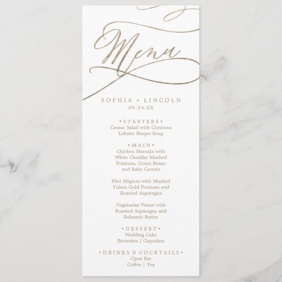 Romantic Gold Calligraphy Wedding Dinner Menu