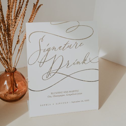 Romantic Gold Calligraphy Wedding Signature Drink Pedestal Sign