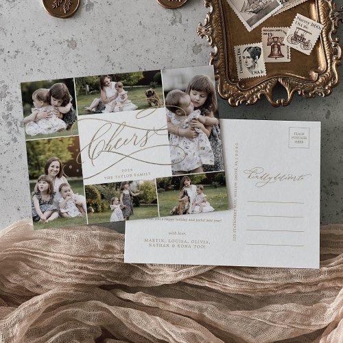 Romantic Gold Cheers New Years 6 Photo Family News Holiday Postcard