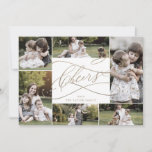 Romantic Gold Cheers New Years 7 Photo Family News Holiday Card<br><div class="desc">This romantic gold cheers new years 7 photo family news holiday card is the perfect simple holiday greeting. The modern classic design features fancy swirls and whimsical flourishes with gorgeous elegant hand lettered faux champagne gold foil typography. Personalize the card with 7 photos, your family name, first names, and year....</div>