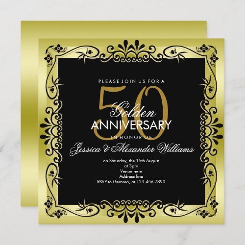 Romantic Gold Decorative Framed 50th Wedding Invitation