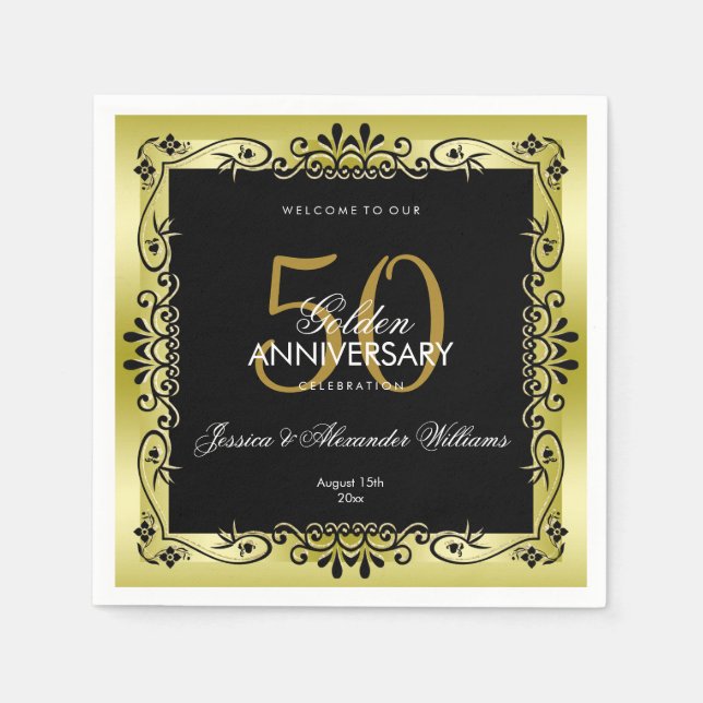 Romantic Gold Decorative Framed 50th Wedding Napkins (Front)