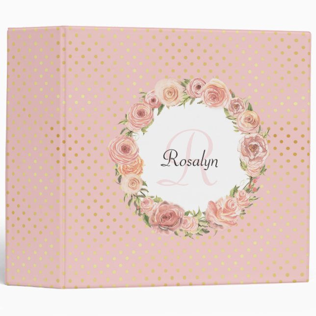 Romantic Gold Dotted Rose Floral Monogrammed Name 3 Ring Binder (Front/Spine)