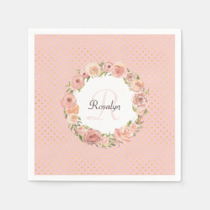 Romantic Gold Dotted Rose Floral Monogrammed Name Paper Napkins