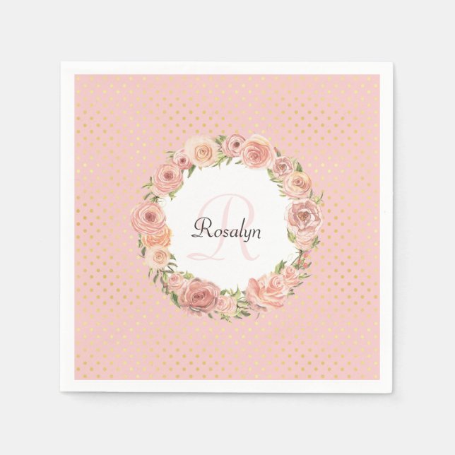 Romantic Gold Dotted Rose Floral Monogrammed Name Paper Napkins (Front)