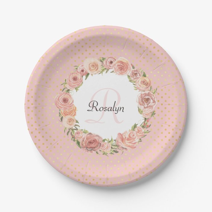 Romantic Gold Dotted Rose Floral Monogrammed Name Paper Plate
