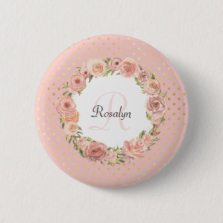 Romantic Gold Dotted Rose Floral Monogrammed Name Pinback Button