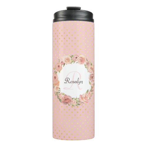 Romantic Gold Dotted Rose Floral Monogrammed Name Thermal Tumbler