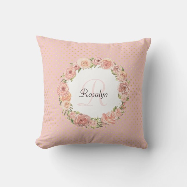 Romantic Gold Dotted Rose Floral Monogrammed Name Throw Pillow (Front)