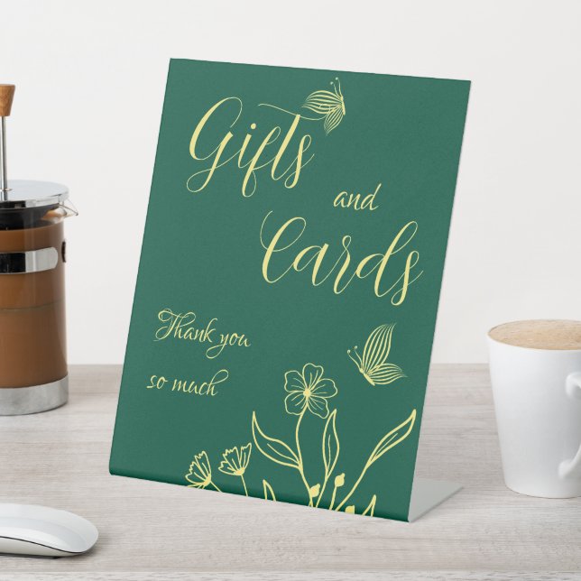 Romantic gold floral emerald wedding gift & cards pedestal sign (In SItu)