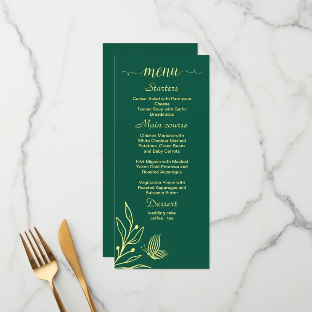 Romantic gold flower emerald green wedding menu (Front/Back In Situ)