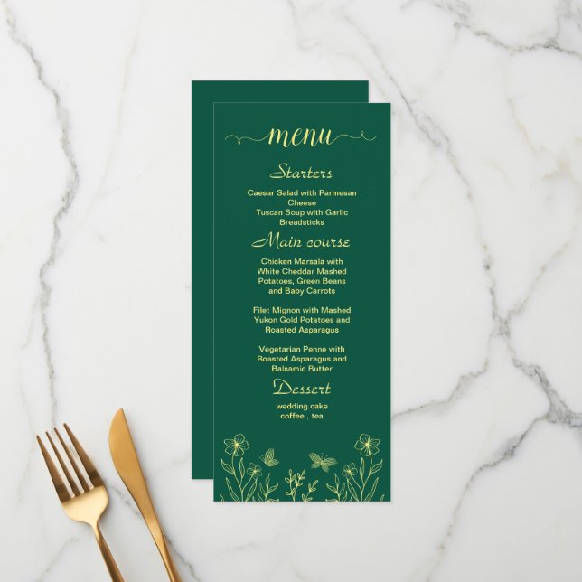 Romantic gold flower emerald green wedding menu (Front/Back In Situ)