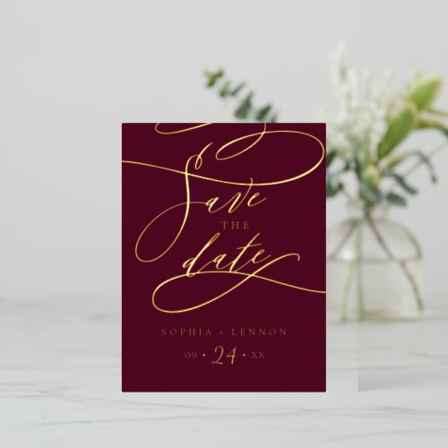 Romantic Gold Foil and Burgundy Save the Date Foil Invitation Postcard