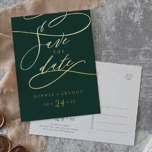 Romantic Gold Foil and Emerald Green Save the Date Foil Invitation Postcard