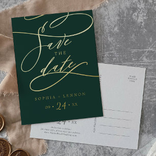 Romantic Gold Foil and Emerald Green Save the Date Invitation Postcard