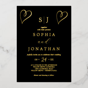 Romantic Gold Foil   Black Monogram Wedding Foil Invitation