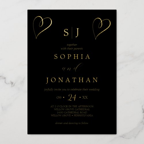 Romantic Gold Foil  Black Monogram Wedding Foil Invitation