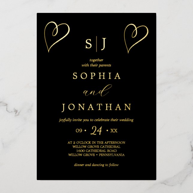 Romantic Gold Foil | Black Monogram Wedding Foil Invitation (Front)