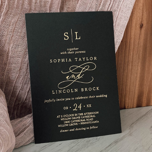 Romantic Gold Foil  Black Monogram Wedding Foil Invitation